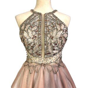Glamour by Terrani Couture Champagne Color Beaded Bodice Tulle Dress Size 0